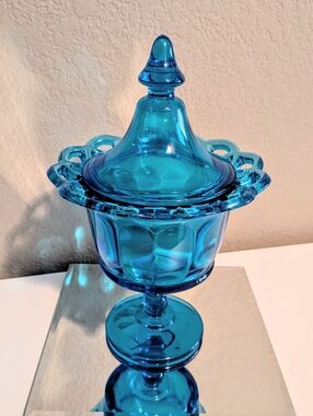 Vintage Imperial Glass Colonial Blue Lace Edge Pedestal Candy Dish With Lid
